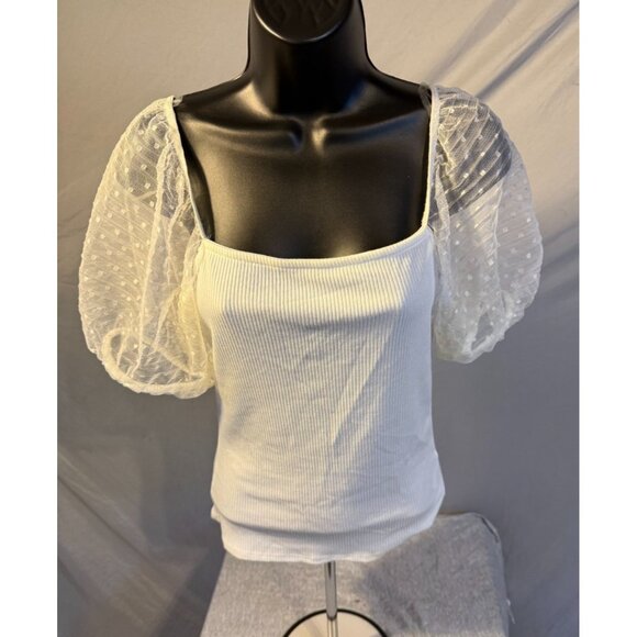 Altar'd State Puffy Sleeves White Fitted Top Shirt Blouse Womens XL Sheer Pretty - Picture 1 of 2